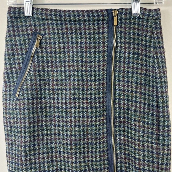J. Crew Houndstooth Asymmetrical Zipper Wool Pencil Skirt Size 00 Blue - Picture 2 of 11